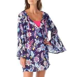 Anne Cole Tie Neck Bell Sleeve Shift Dress Navy Floral XS Tunic EUC